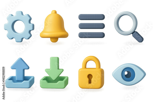 Vibrant 3d tech ui icons set: gear, bell, menu, search, upload, download, lock, eye