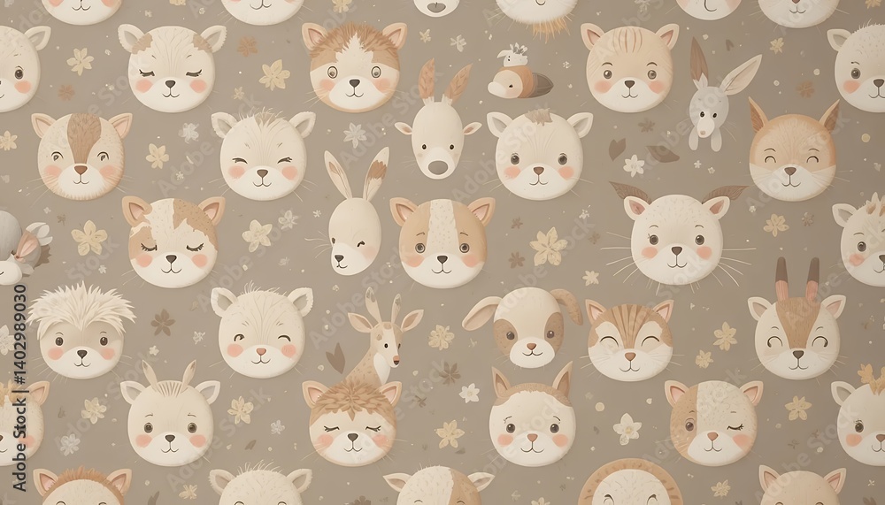 Obraz premium Adorable Baby Animals Nursery Wallpaper Calming Neutral Colors Seamless Repeat Pattern