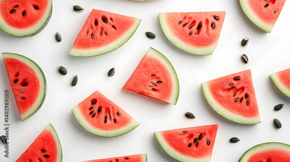 Slices of juicy watermelon arranged on a white background with scattered seeds. A vibrant and refreshing summer image perfect for food blogs, magazines, or websites. Slices of juicy watermelon arranged on a white background with scattered seeds. A vibrant and refreshing summer image perfect for food blogs, magazines, or websites.