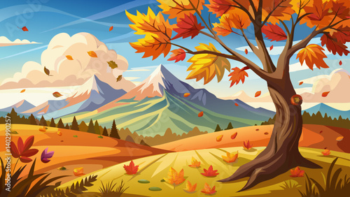 Autumn leaves falling from tree with mountain landscape