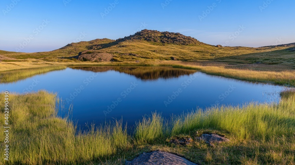 A serene landscape with a still body of water reflects the surroundings A serene landscape with a still body of water reflects the surroundings