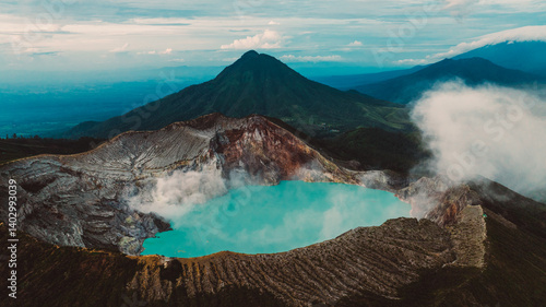 Aerial view of Misty Volcano of Kawah Ijen crater in East Java
