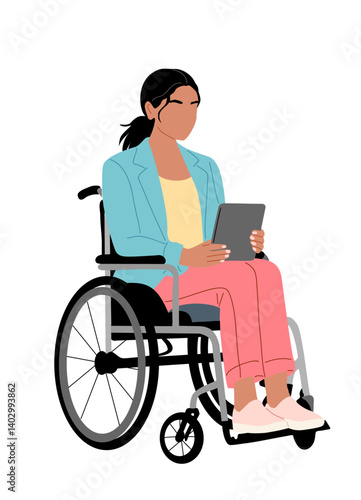 A woman in a wheelchair is sitting and reading a tablet. Concept of independence and empowerment, as the woman is able to engage with technology despite her physical limitations