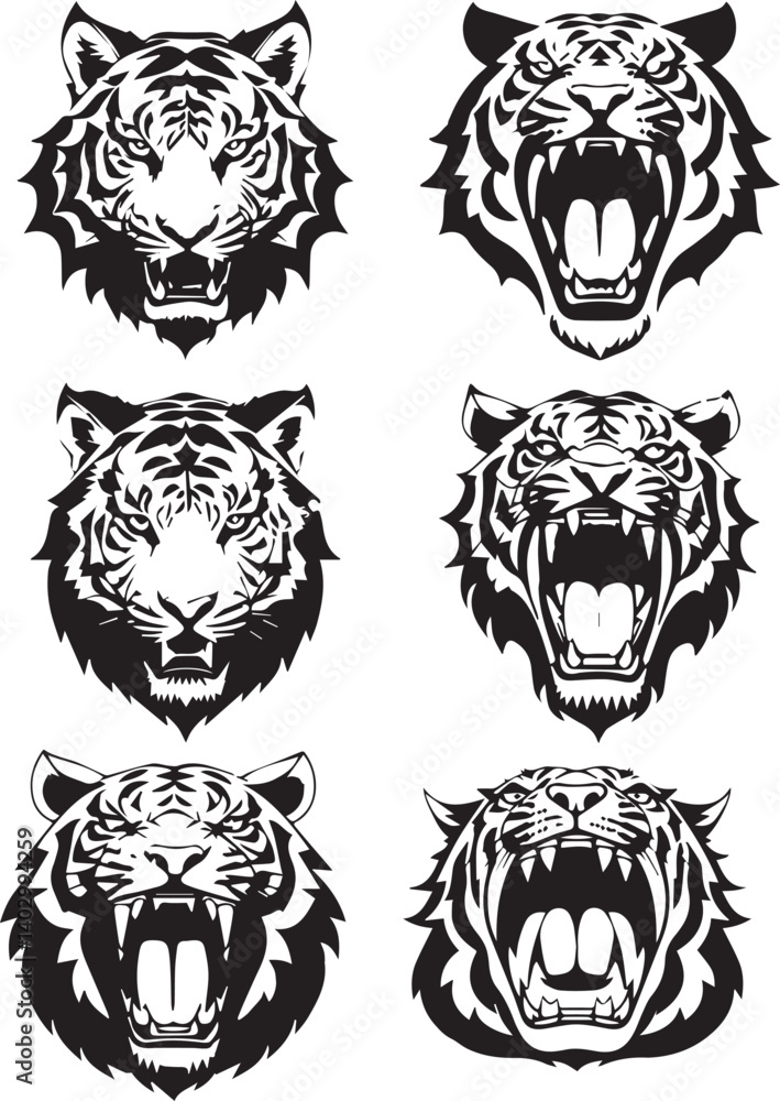 Set of tiger heads with open mouth and bared fangs, with different angry expressions of the muzzle. Symbols for tattoo, emblem or logo, isolated on a white background. Set of tiger heads with open mouth and bared fangs, with different angry expressions of the muzzle. Symbols for tattoo, emblem or logo, isolated on a white background.
