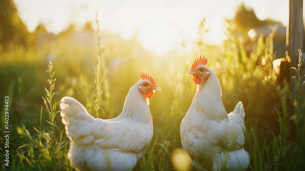 Fototapeta premium Two white chickens stand together in sunlit green grassy field