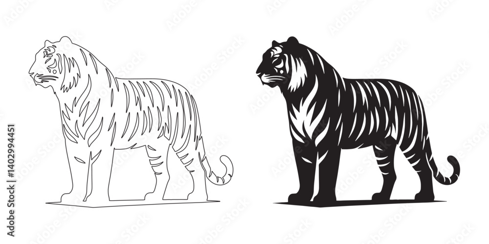 Obraz premium Majestic tiger silhouette with clean, bold vector lines – perfect for logos and outdoor-themed projects – tiger icon – tiger illustration – tiger lineart