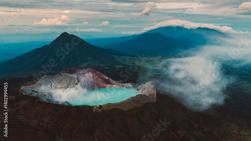 Aerial view of Misty Volcano of Kawah Ijen crater in East Java