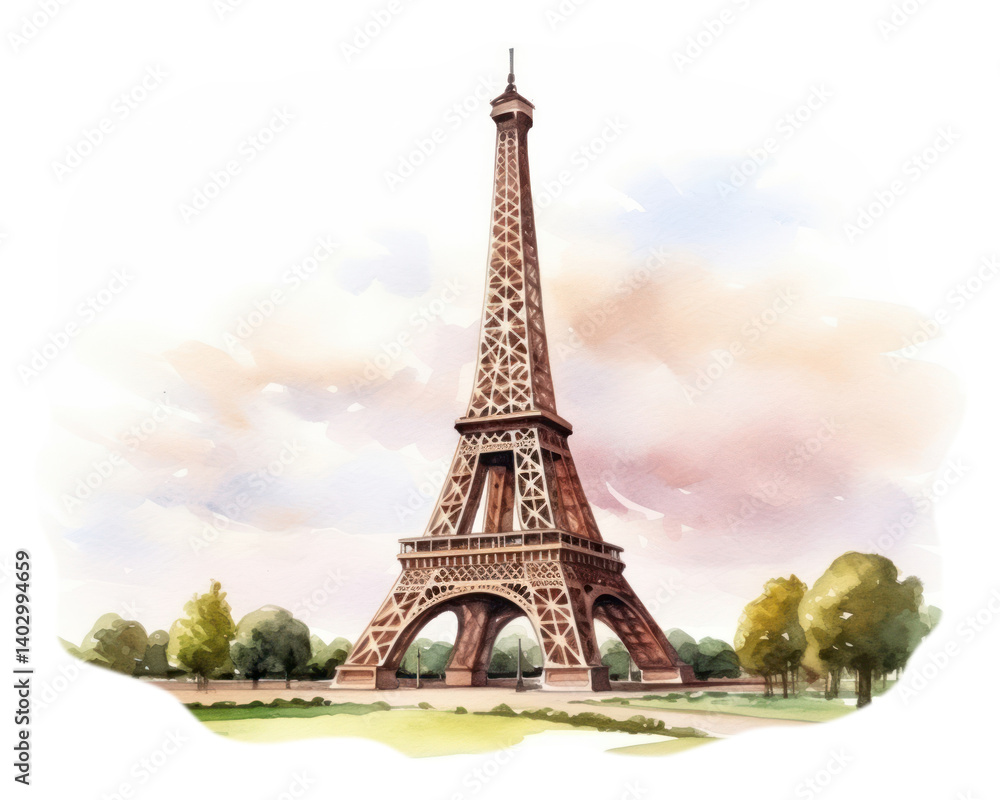 Fototapeta premium PNG watercolor illustration of Eiffel Tower, isolated on a white paper background, isolated