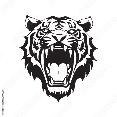 Set of tiger heads with open mouth and bared fangs, with different angry expressions of the muzzle. Symbols for tattoo, emblem or logo, isolated on a white background.