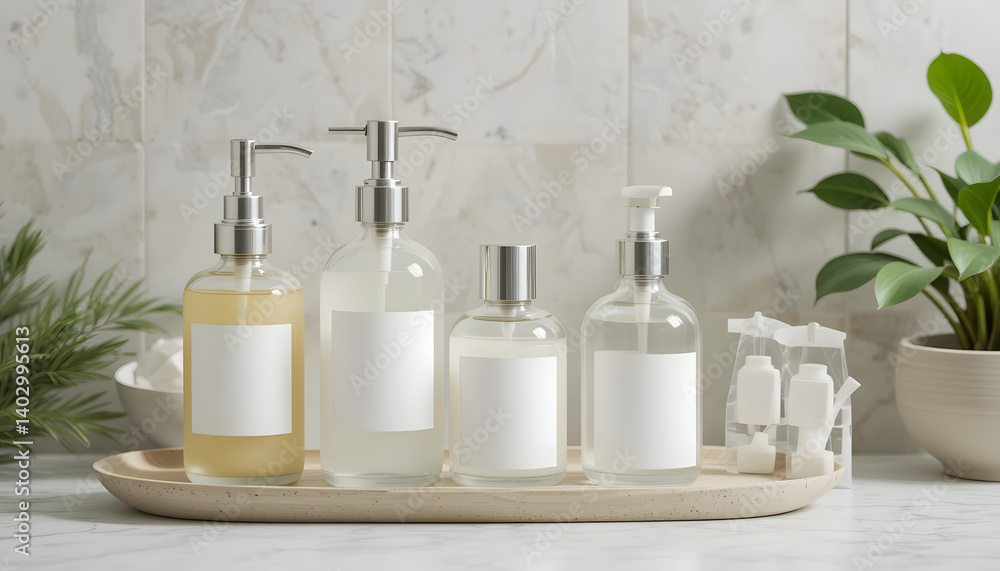 Zero waste bathroom set with blank labeled soap dispensers and lotion bottles. Zero waste bathroom set with blank labeled soap dispensers and lotion bottles.