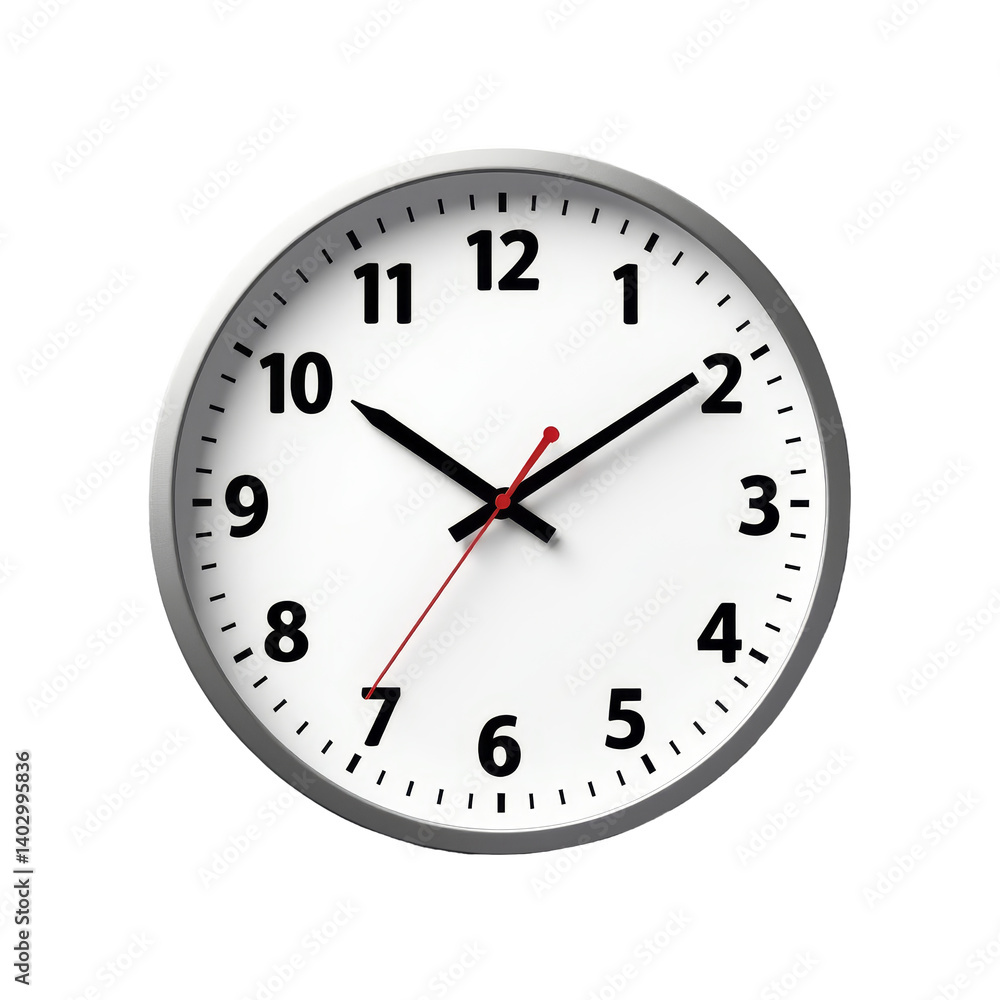 Analog Clock, White Face, Black Numerals, Red Second Hand, transparent background Analog Clock, White Face, Black Numerals, Red Second Hand, transparent background