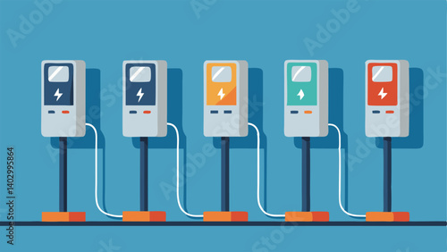 A row of charging stations equipped with various charging cables for travelers to charge their devices.