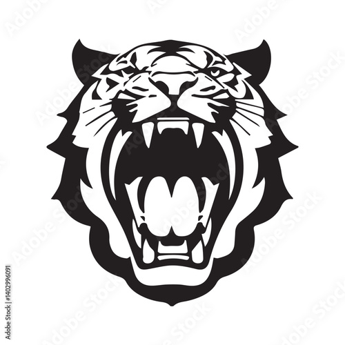 Set of tiger heads with open mouth and bared fangs, with different angry expressions of the muzzle. Symbols for tattoo, emblem or logo, isolated on a white background.