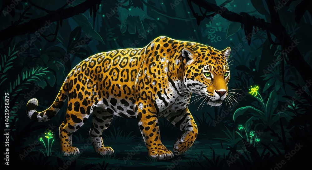A Stylized Digital Illustration of a Jaguar Stalking in a Glowing Jungle