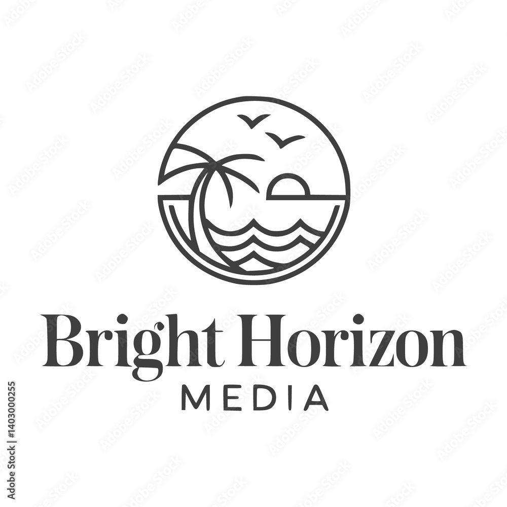 Stylized Bright Horizon Media Logo Featuring Palm Tree, Sun, and Waves in Black and White SVG Free Download Stylized Bright Horizon Media Logo Featuring Palm Tree, Sun, and Waves in Black and White SVG Free Download