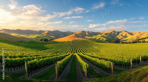 Expansive vineyard rows at sunset.  Vast hillsides covered in flourishing grapevines