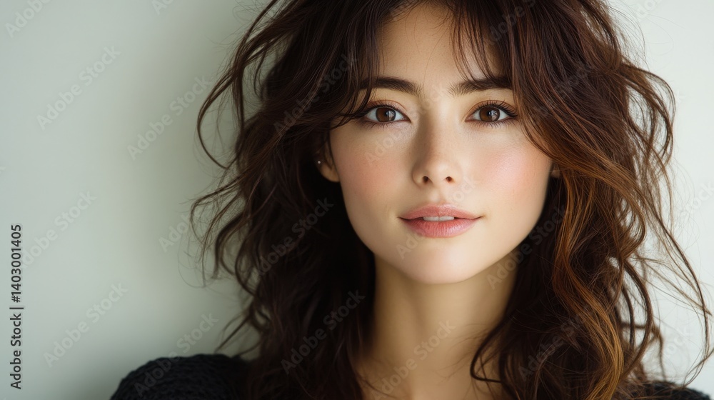 Portrait of a beautiful woman with wavy brown hair and a gentle expression