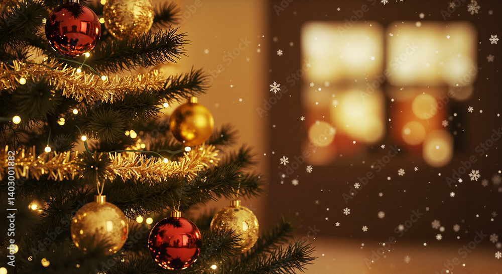 Decorated Christmas tree with red and gold ornaments and lights in cozy indoor setting with snow effect Decorated Christmas tree with red and gold ornaments and lights in cozy indoor setting with snow effect