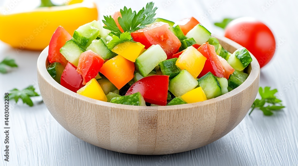 Colorful Fresh Vegetable Salad in Wooden Bowl with Ingredients on Table Colorful Fresh Vegetable Salad in Wooden Bowl with Ingredients on Table
