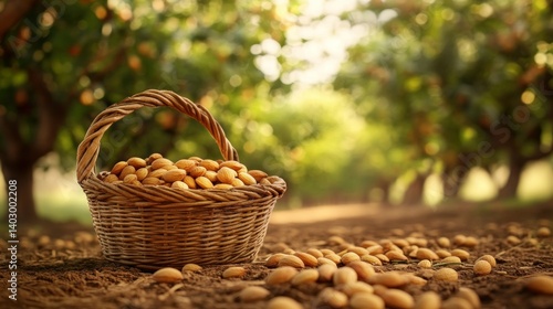 A full woven basket of almonds sitting in a field