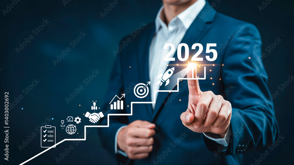 A digital business concept image showing a person in a blue business suit reaching up to touch a holographic staircase interface against a dark background A digital business concept image showing a person in a blue business suit reaching up to touch a holographic staircase interface against a dark background