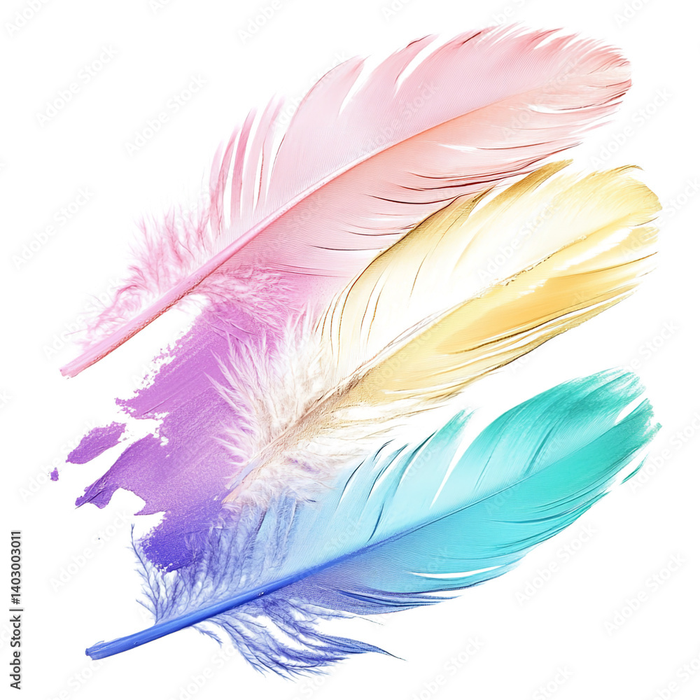 Fototapeta premium Pastel feathers background wallpaper aesthetic colorful soft pink yellow blue vibrant art design element 100 on transparent background