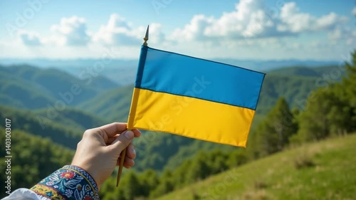 Hand holding Ukrainian flag against mountainous landscape  