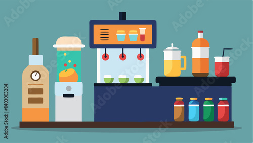A selfserve station with a variety of syrups and toppings for customizing drinks.