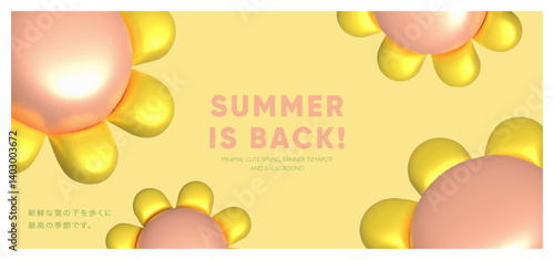 Minimal summer yellow banner with 3d glossy golden petals and peach center flower design for seasonal sale posters, cute warm weather ads, and abstract backgrounds
