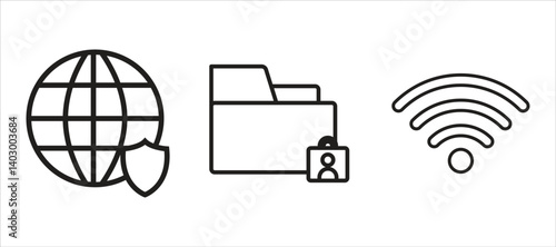 Set of line icons related to data exchange, traffic, files, cloud, server. Outline icon collection.