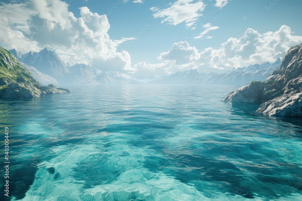 Serene turquoise waters reflect the majestic mountains under a clear sky Serene turquoise waters reflect the majestic mountains under a clear sky