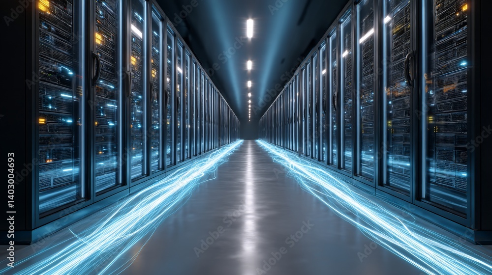 Fototapeta premium Data center's server room, illuminated pathway
