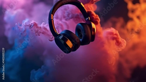 A pair of headphones is suspended in a cloud of colorful smoke