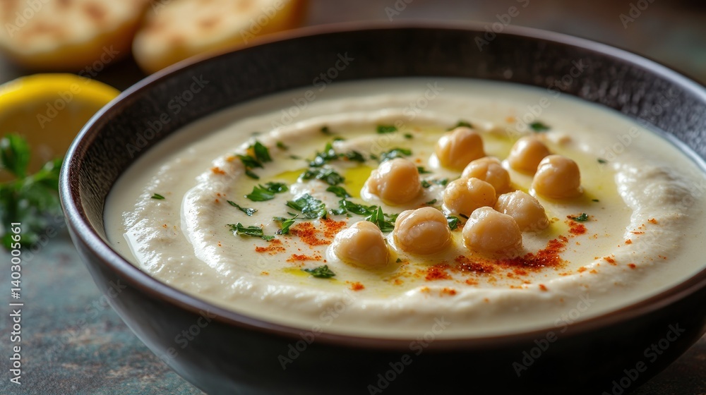 Creamy hummus in a bowl, garnished with chickpeas and herbs Creamy hummus in a bowl, garnished with chickpeas and herbs