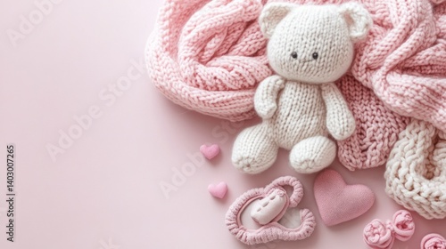 Knitted Bear And Baby Accessories Presented On Pink Background