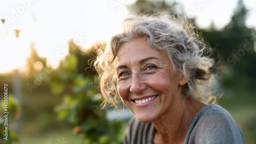 Portrait of a serene senior woman with gray curly hair outdoors at golden hour, smiling gently and looking at the camera with a calm and confident expression – Generative AI