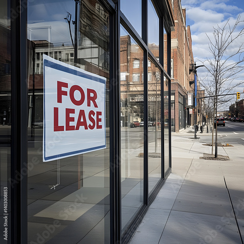 Empty commercial storefront with for lease sign on glass window in urban street setting, real estate opportunity, business space available for rent, downtown retail property