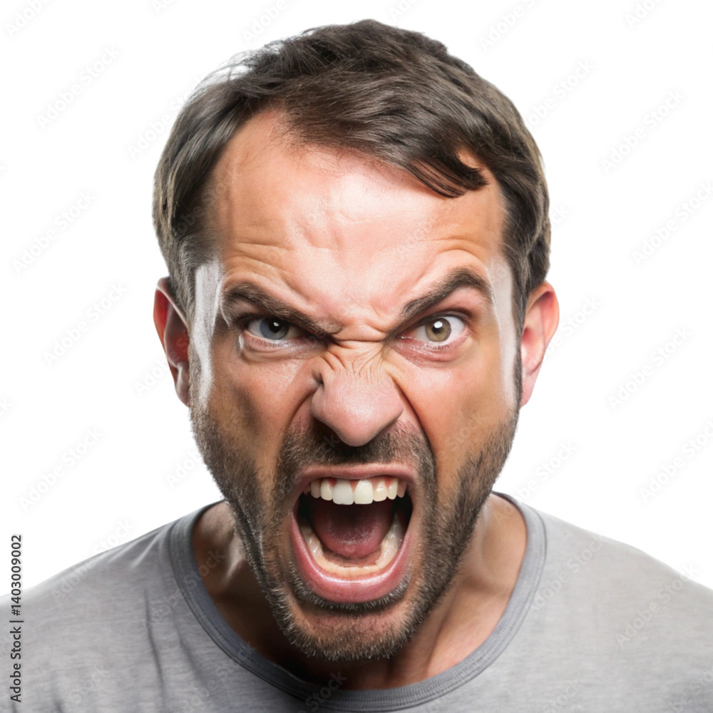 Furious man screaming with anger, isolated on white background, displaying rage and frustration in an intense expression. Furious man screaming with anger, isolated on white background, displaying rage and frustration in an intense expression.