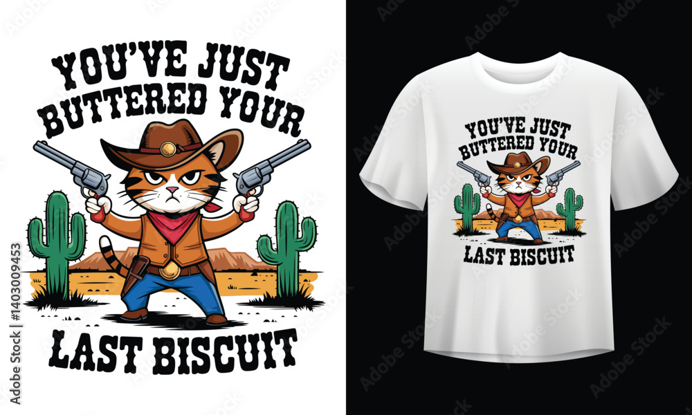 Cowboy Cat with 'You’ve Just Buttered Your Last Biscuit' Quote – Funny Wild West T-Shirt Design Cowboy Cat with 'You’ve Just Buttered Your Last Biscuit' Quote – Funny Wild West T-Shirt Design