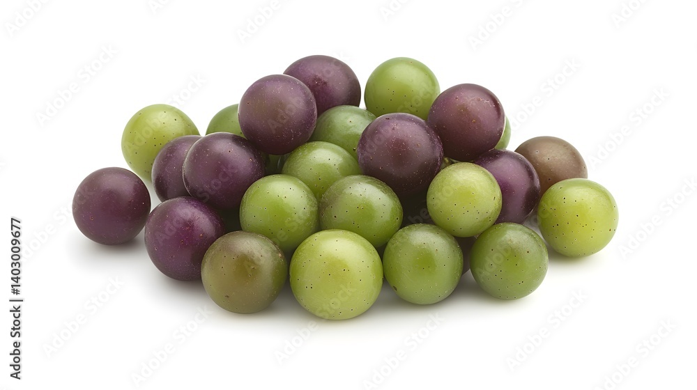 A close-up shot of a pile of green and purple grapes, isolated on a white background. The grapes appear fresh and juicy, with varying shades of color.
