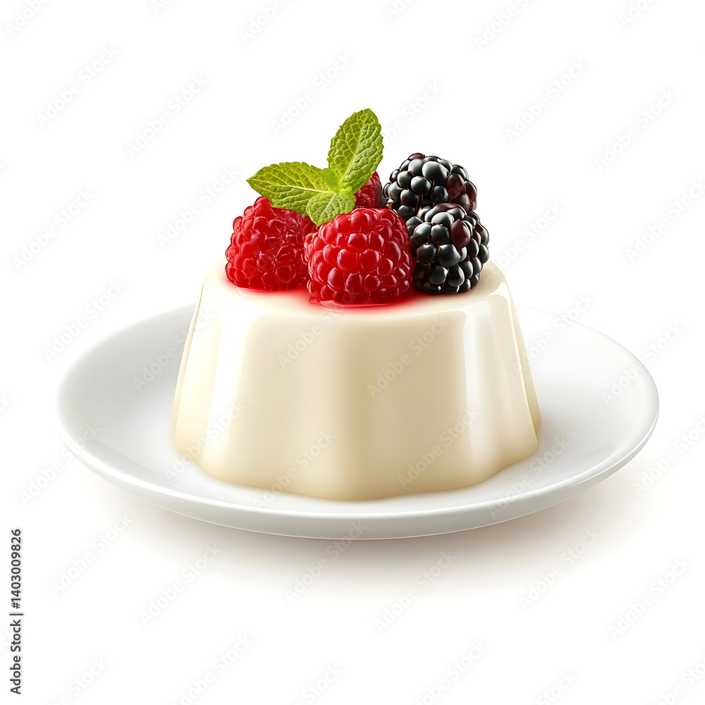 A smooth and glossy panna cotta with a soft creamy texture and fruit topping, isolated white background, hyperrealism art style A smooth and glossy panna cotta with a soft creamy texture and fruit topping, isolated white background, hyperrealism art style