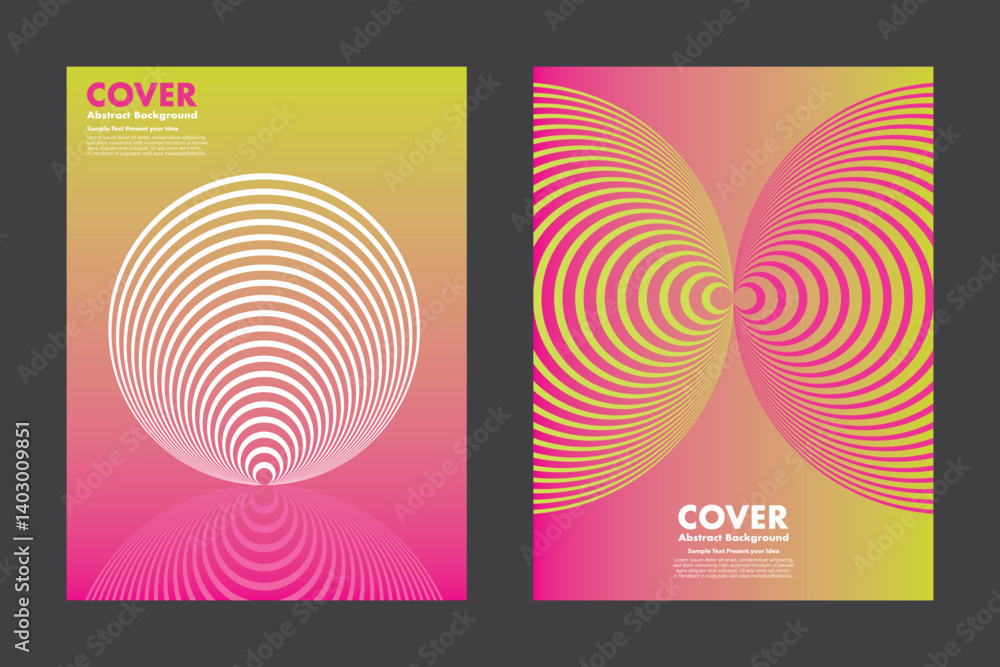 Fototapeta premium Vector abstract cover design with vibrant gradient in pink, yellow and hypnotic concentric circles. Eye-catching modern background suitable for poster, prints, digital media 