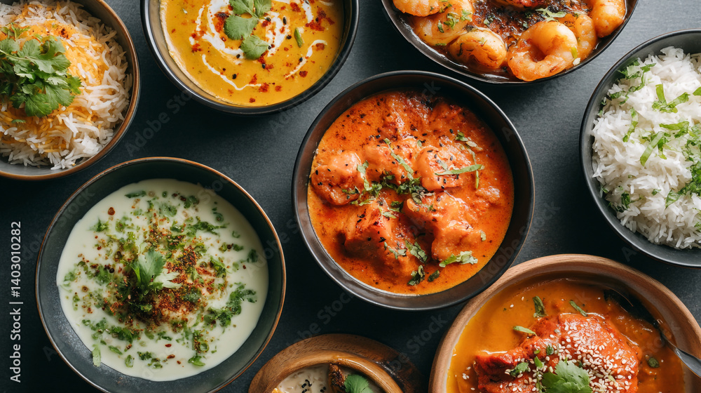 Delicious indian food bowls butter chicken curry shrimp masala rice and raita photography Delicious indian food bowls butter chicken curry shrimp masala rice and raita photography
