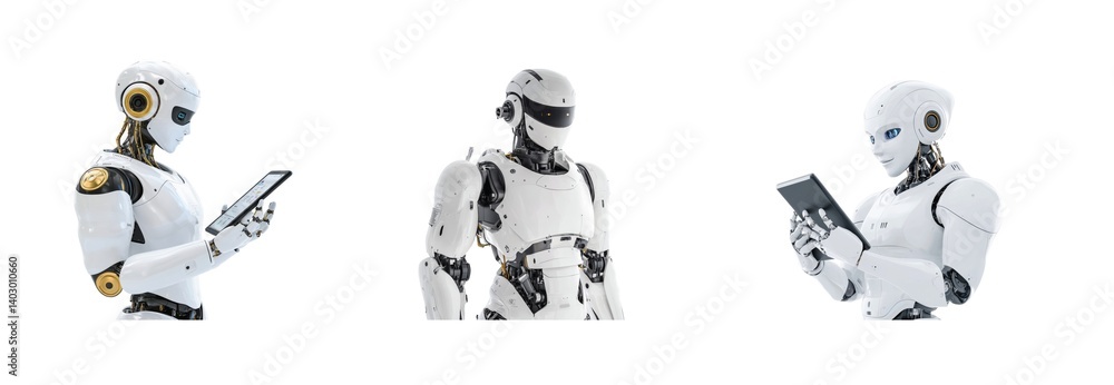 Fototapeta premium Advanced robots engaging with tablets and interactive communication devices