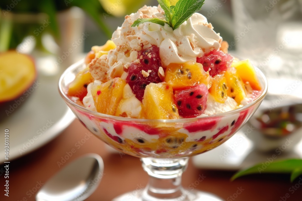 Refreshing fruit salad dessert with whipped cream and mint garnish Refreshing fruit salad dessert with whipped cream and mint garnish