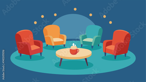Cozy armchairs arranged in a semicircle surrounding a small coffee table.
