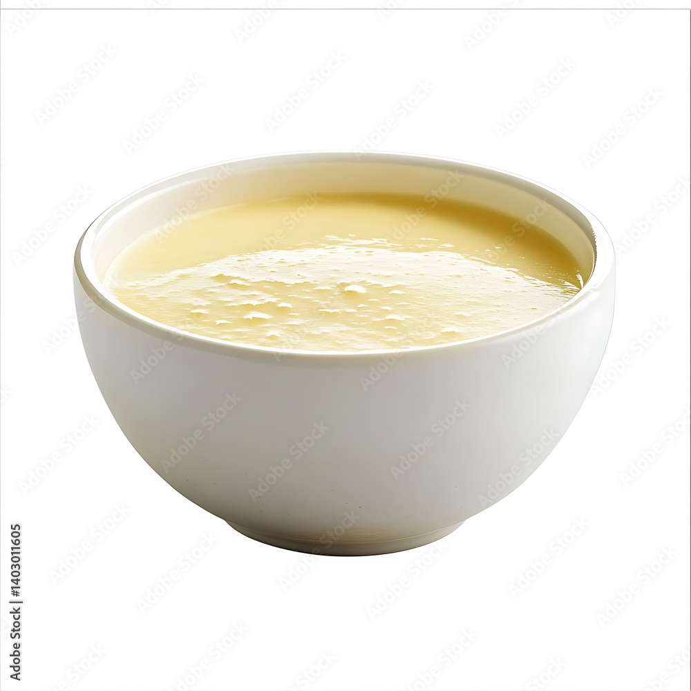 A smooth creamy bowl of vanilla pudding with a soft texture, isolated white background, hyperrealism art style A smooth creamy bowl of vanilla pudding with a soft texture, isolated white background, hyperrealism art style