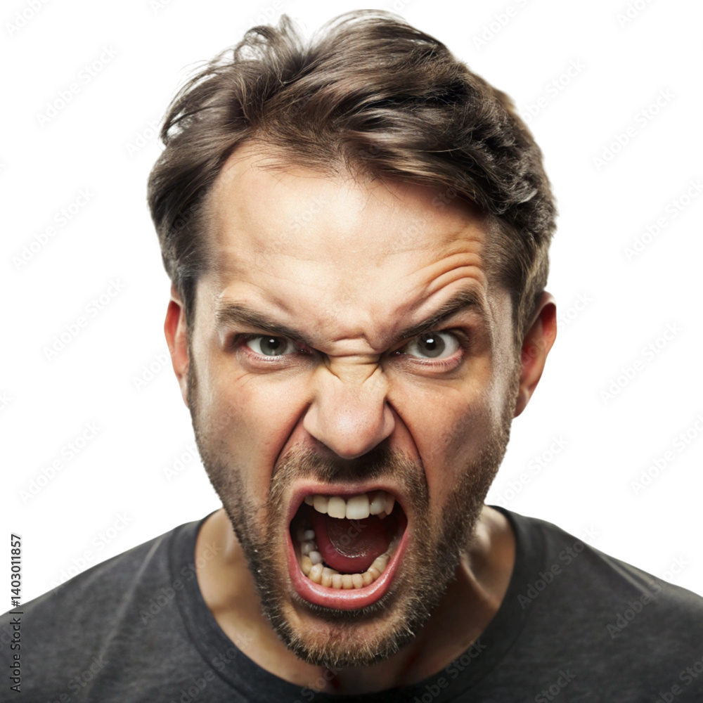 Man yelling in extreme anger, isolated on white, showcasing raw emotion, frustration, and rage in a highly expressive manner. Man yelling in extreme anger, isolated on white, showcasing raw emotion, frustration, and rage in a highly expressive manner.