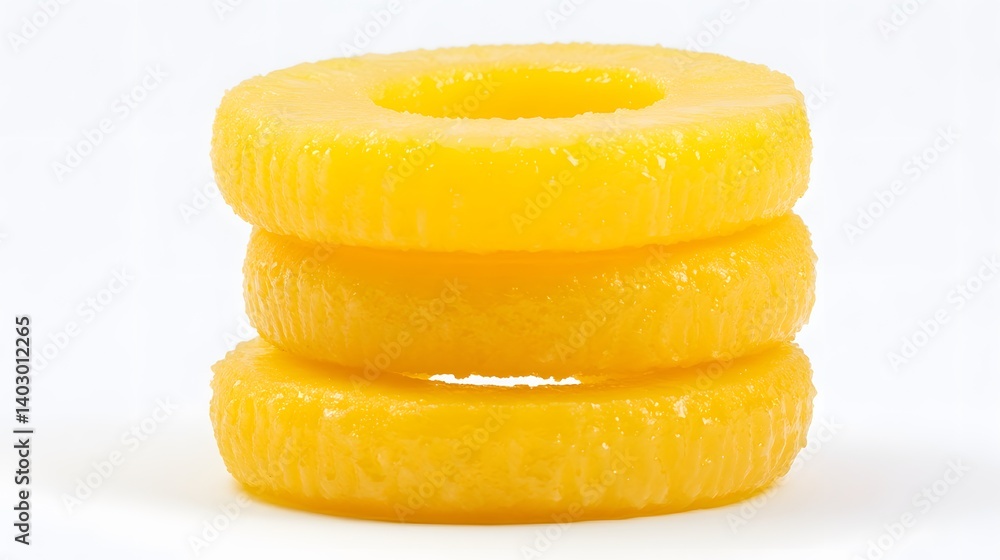 Three vibrant yellow pineapple rings stacked on a white background. A close-up shot highlighting the texture and juicy appearance of the canned fruit. Three vibrant yellow pineapple rings stacked on a white background. A close-up shot highlighting the texture and juicy appearance of the canned fruit.