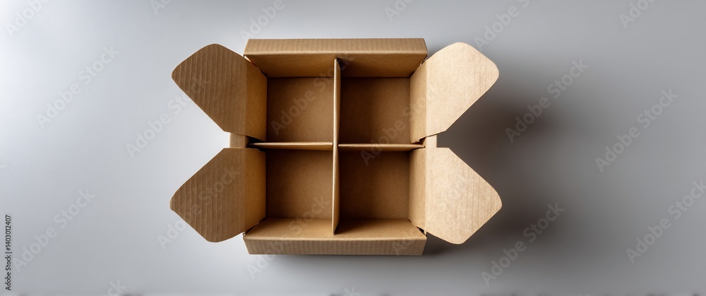 Empty cardboard box with four compartments, open, viewed from above